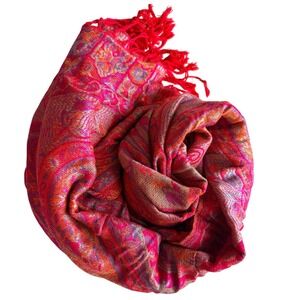 90% Cashmere 10% Silk Paisley Pashmina Shawl Scarf Pink Red Fringe